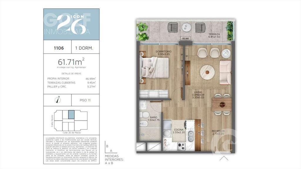 Venta de apartamento 1 dormitorio con terraza en Pocitos