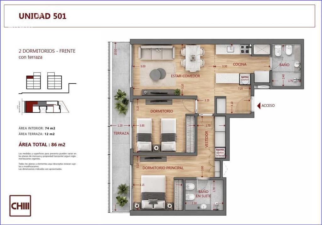Apartamento de dos dormitorios en venta en Pocitos - 501