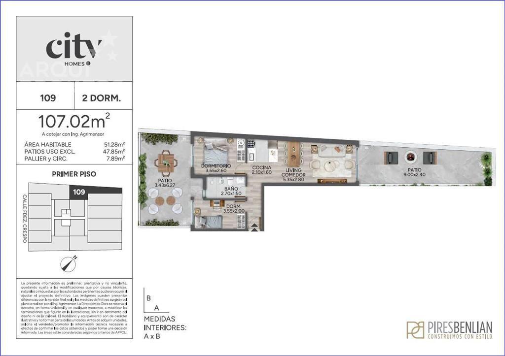 Apartamento de dos dormitorios con patio en venta en Cordón