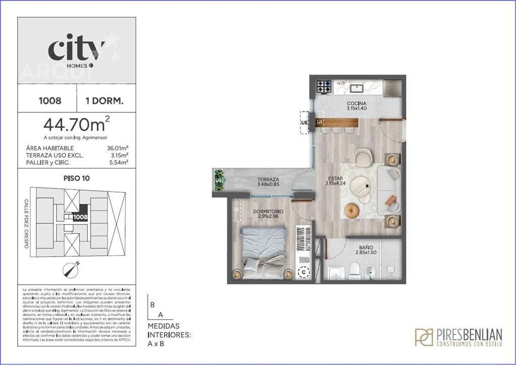 Apartamento de un dormitorio en venta en Cordón - 1008