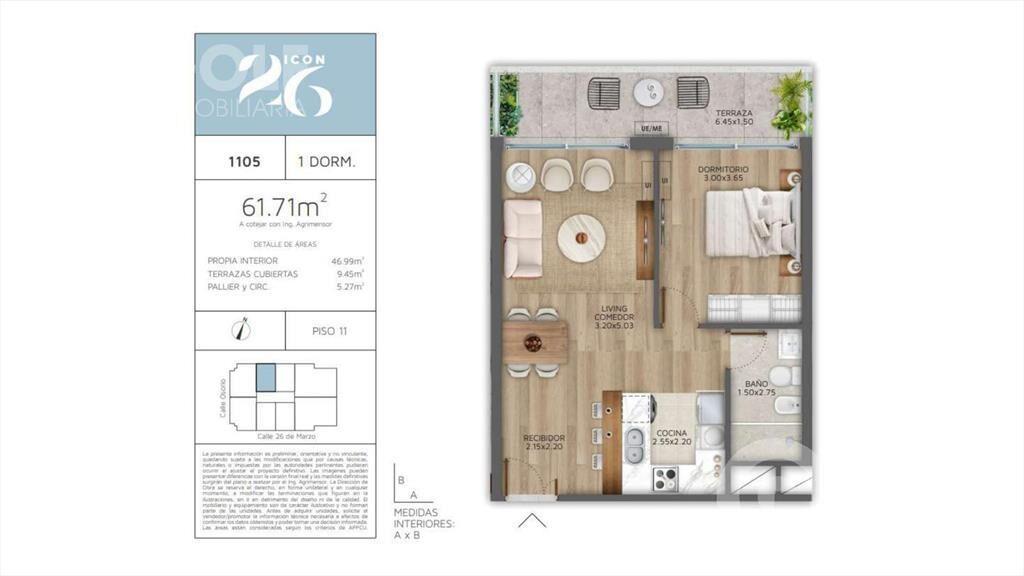 Venta de apartamento 1 dormitorio con terraza en Pocitos