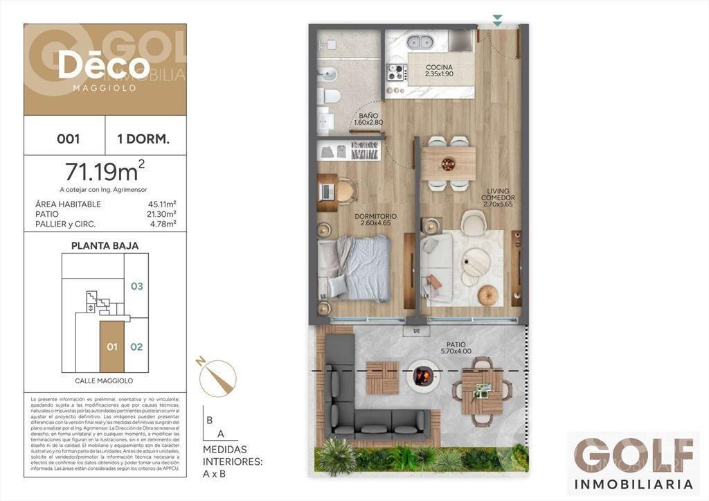 Venta Apartamento1 dormitorio con Patio - Parque Rodó - Gol