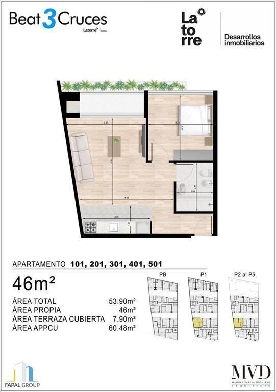 Venta apartamento 1 dormitorio en Tres Cruces