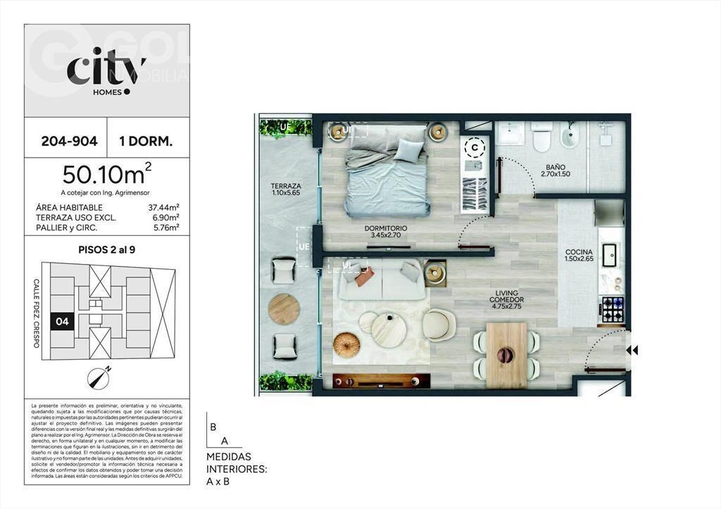 Venta de apartamento de 1 dormitorio con terraza en Cordón