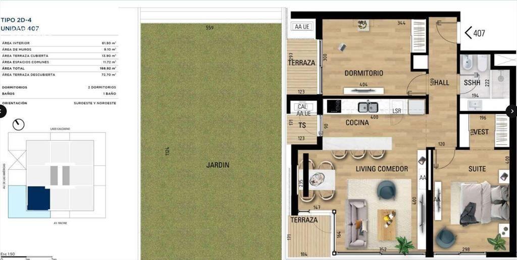 Apartamento de dos dormitorios en venta con patio y con ren