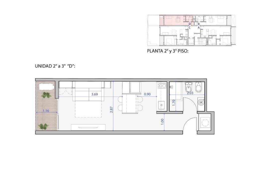 Venta monoambiente con terraza en Tres Cruces