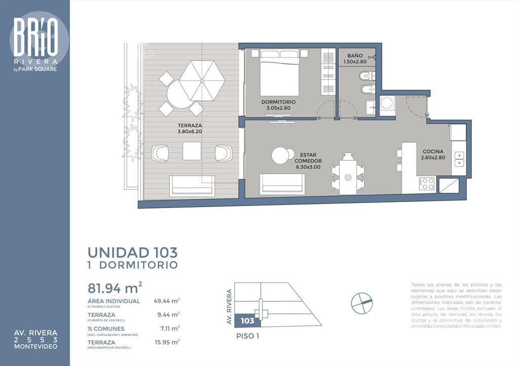 Venta de apartamento de 1 dormitorio con terraza en Pocitos