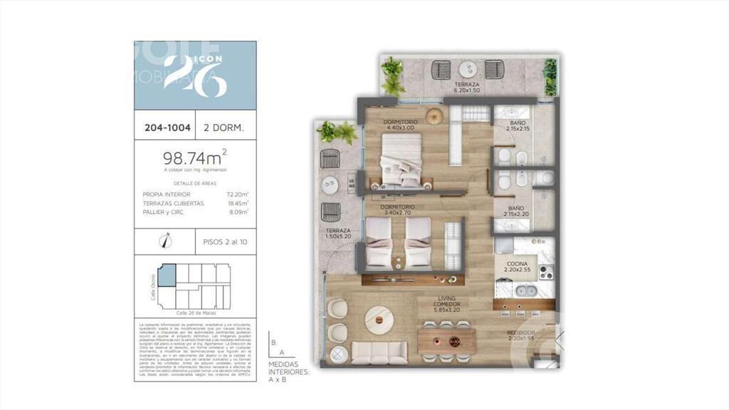 Venta apartamento 2 dormitorios con terraza en Pocitos
