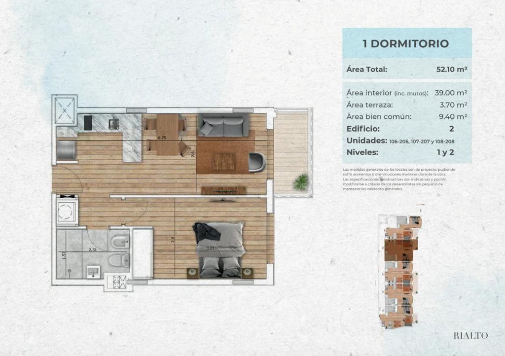 Venta de apartamento en Rialto de 1 dormitorio, Cordón