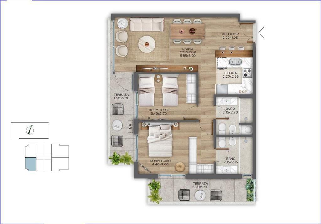 Apartamento de dos dormitorios en venta en Pocitos - 1103