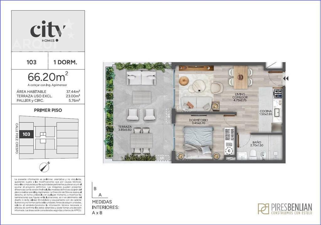 Apartamento de un dormitorio con patio en venta en Cordón -