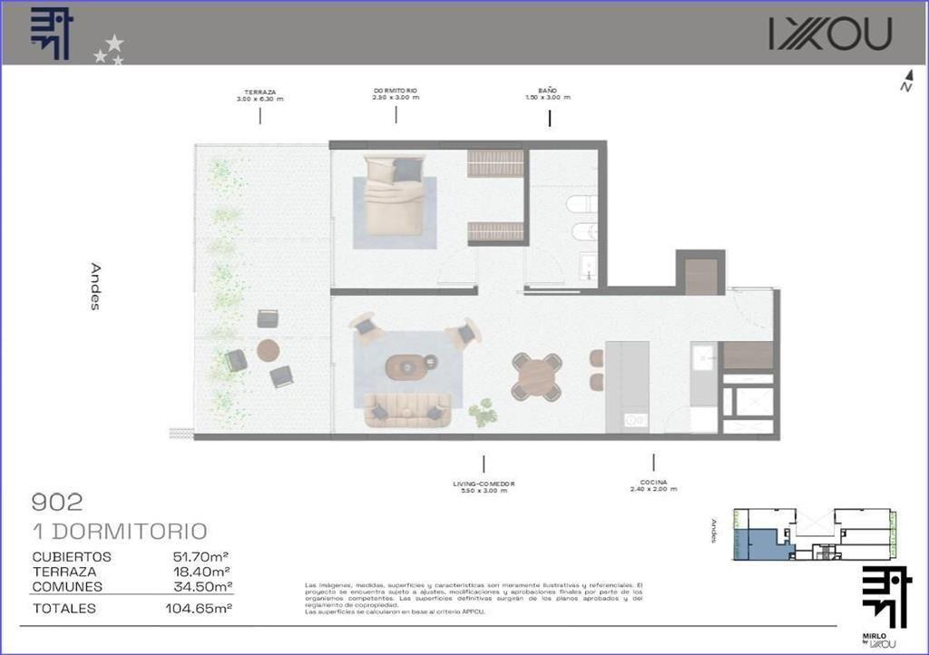 Apartamento penthouse de un dormitorio en venta en Barrio S