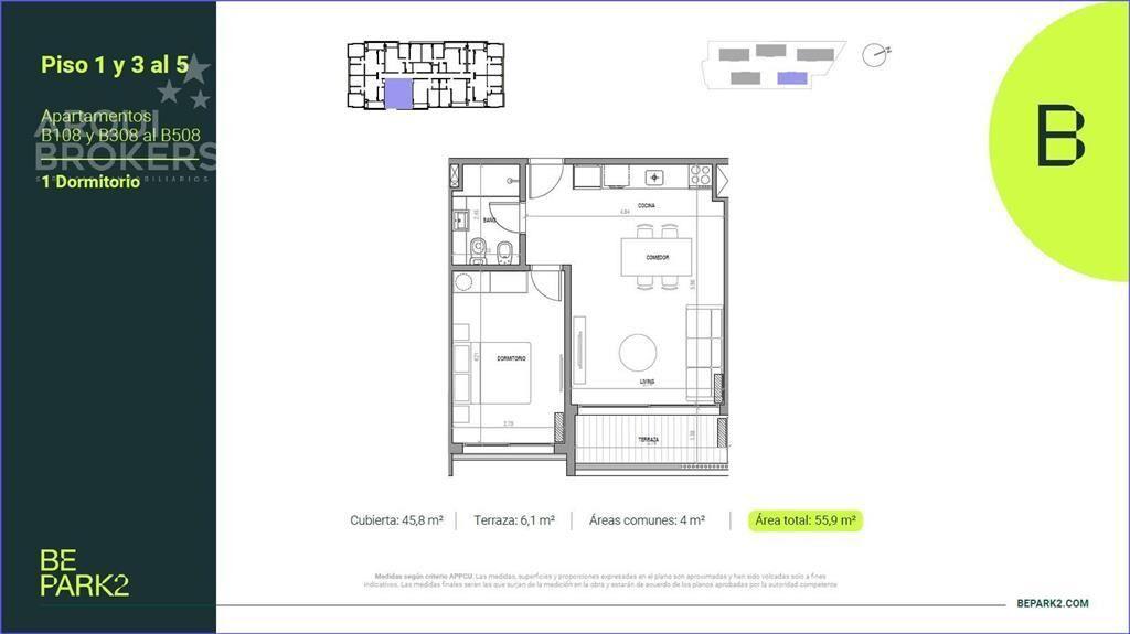 Apartamento de un dormitorio en venta en Parque Rivera - B4