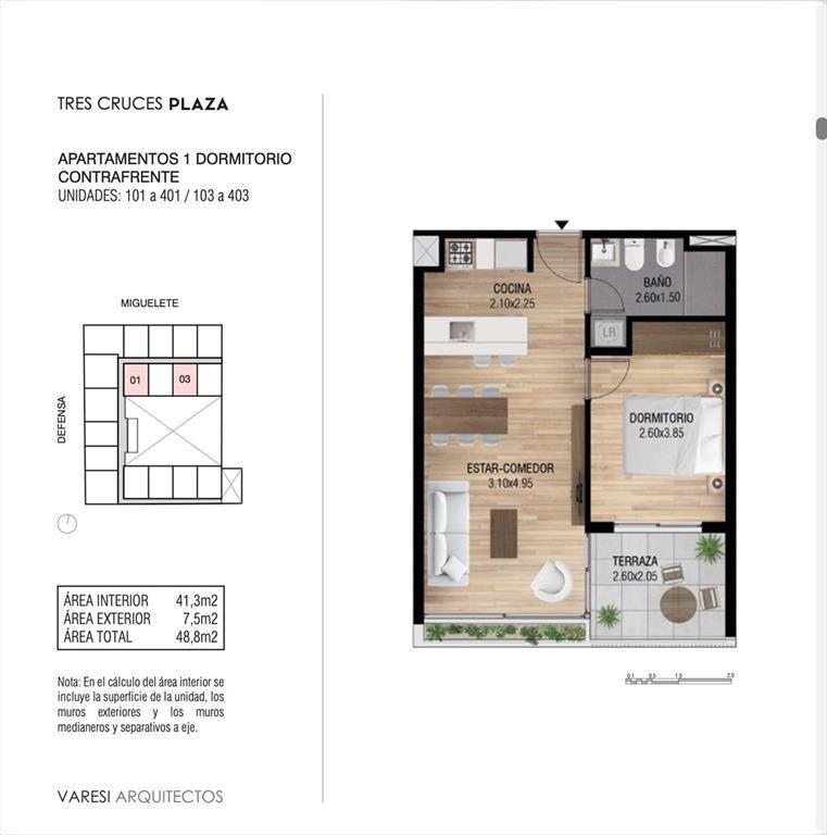 Venta Tres Cruces 1 dormitorio, terraza, Ley VIS