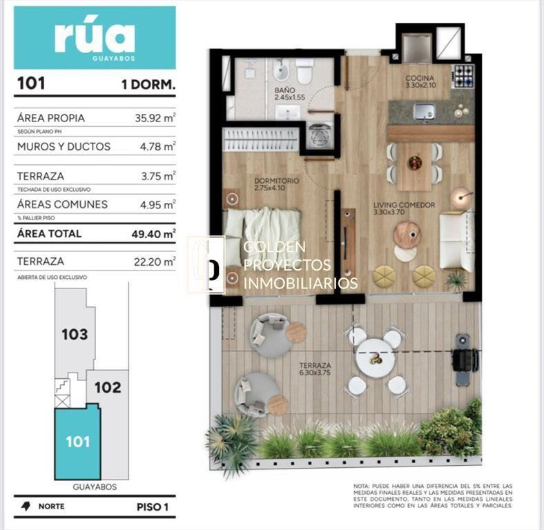Apartamento en Venta 1 dormitorio y Patio Cordón