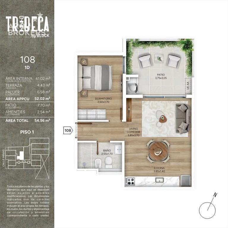 Apartamento de un dormitorio con patio en venta en Cordón S