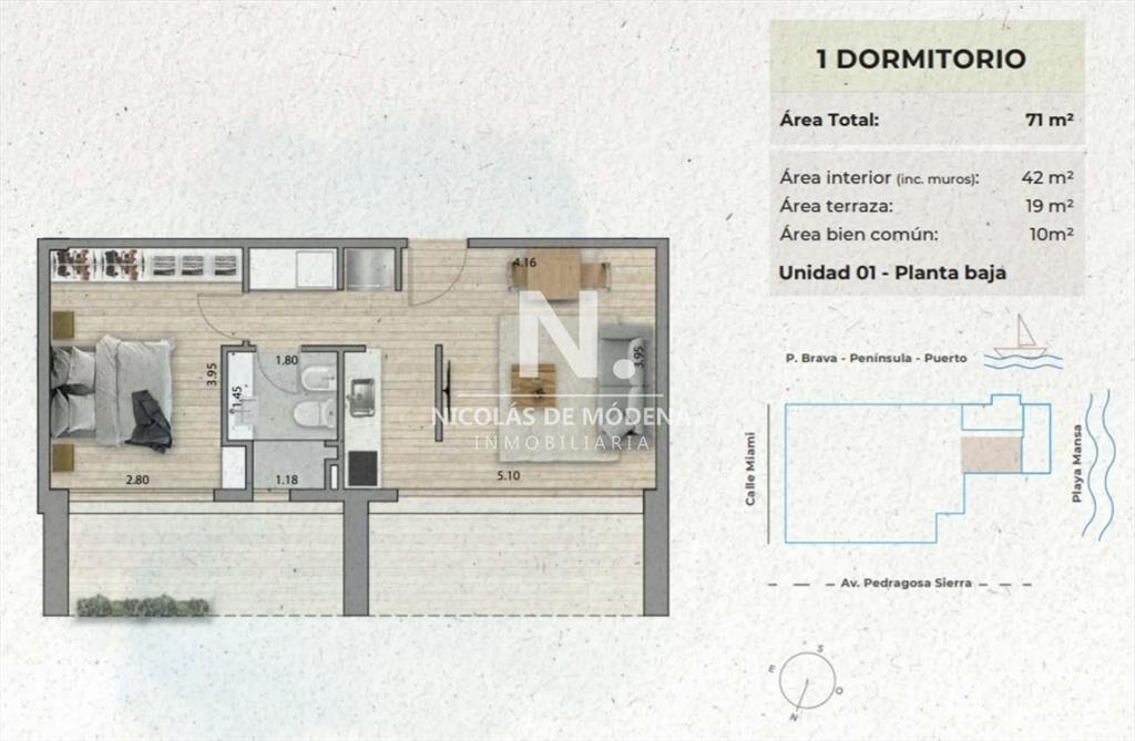 En venta apartamento de 1 dormitorio en Mansa