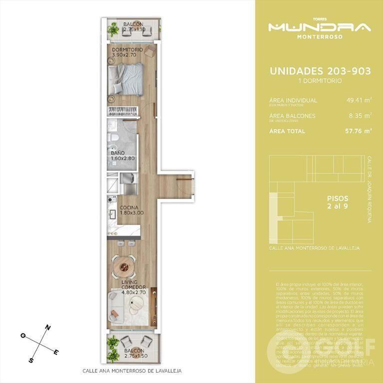 Venta apartamento 1 dormitorio con doble terraza en Cordón