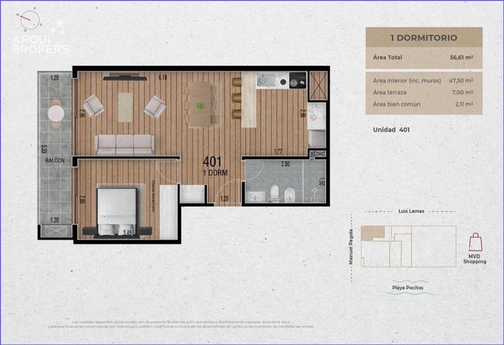 Apartamento de un dormitorio en venta en Pocitos - 401