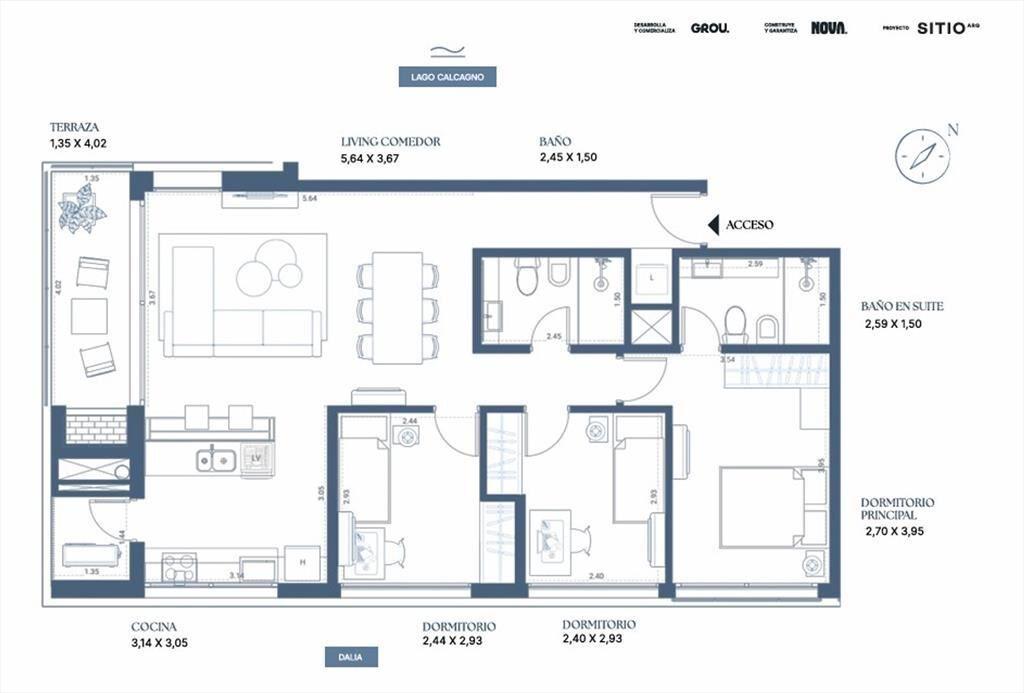 Venta apto 3 dorm, Lago Calcagno
