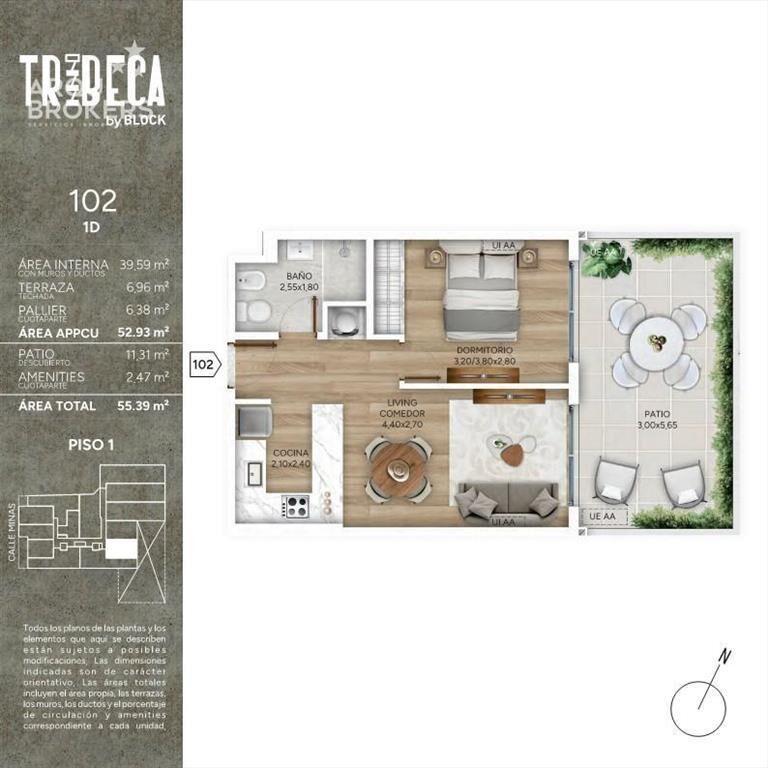 Apartamento de un dormitorio con patio en venta en Cordón S