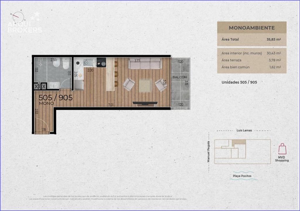 Apartamento monoambiente en venta en Pocitos - 505