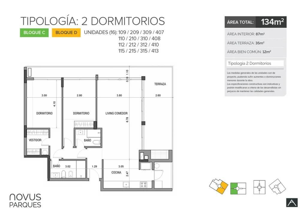 Venta de apartamento de 2 dormitorios en Novus Parques