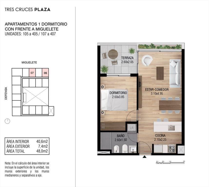 Venta Tres Cruces 1 dormitorio, terraza, Ley VIS