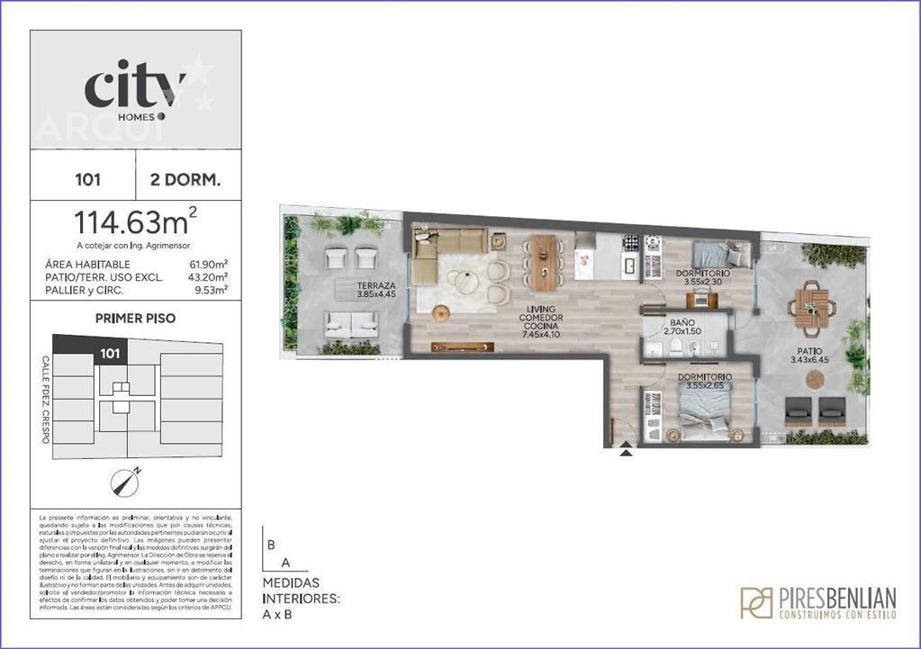 Apartamento de dos dormitorios con patio en venta en Cordón