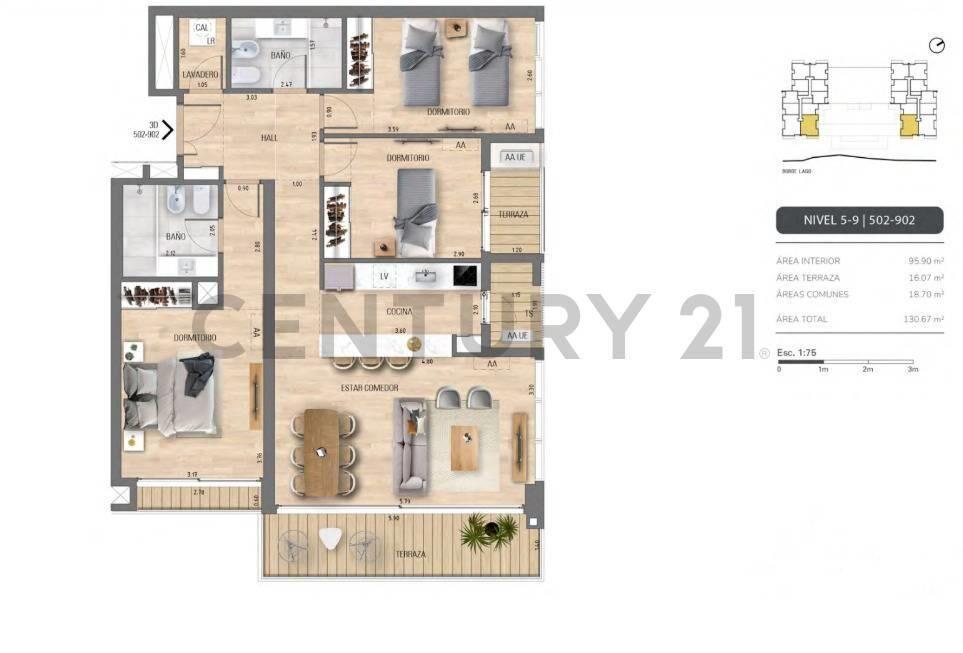 Venta apartamento 3 dormitorios frente al lago con balcón...