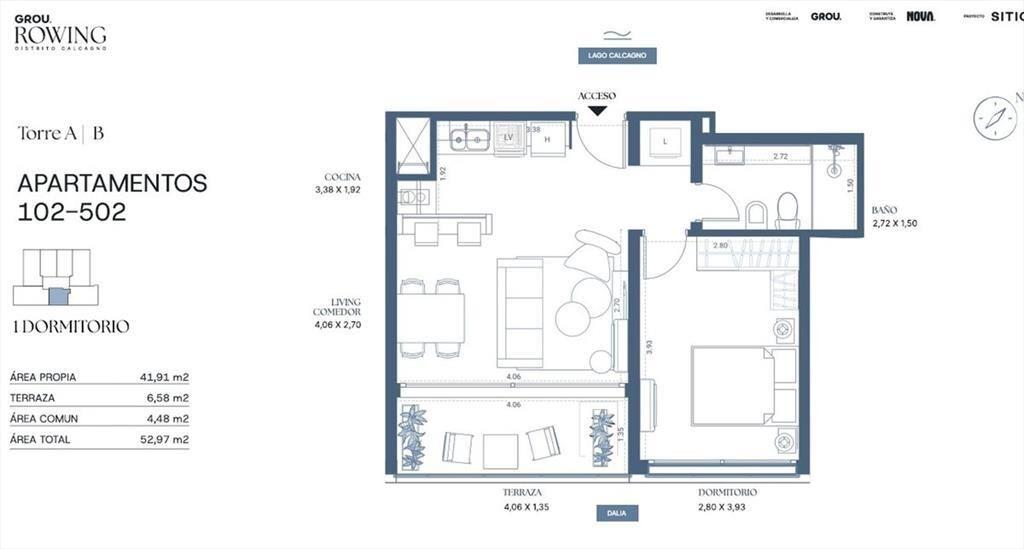 Apto 1 dorm con terraza, en pozo, Lago Calcagno