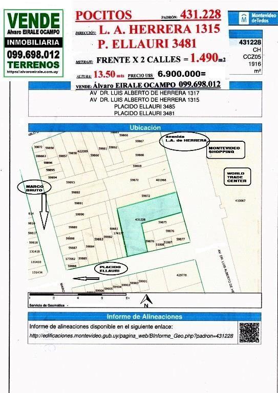 * POCITOS : FRENTE AL SHOPPING FABULOSO TERRENO 1.500 M2