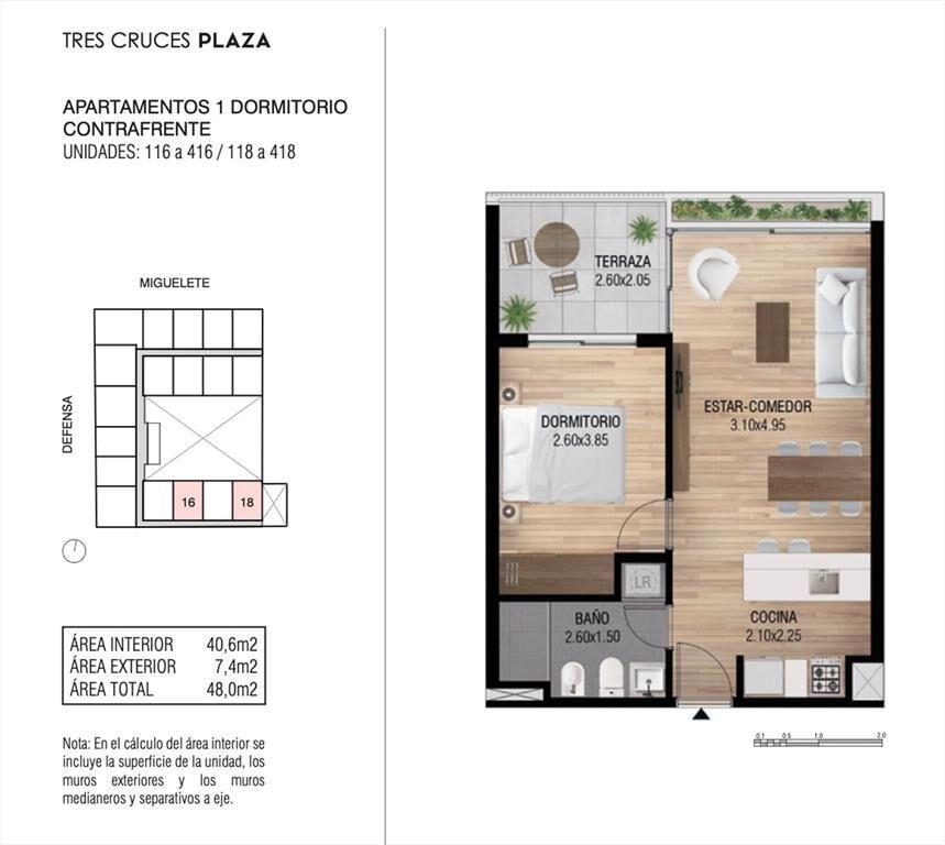 Venta Tres Cruces 1 dormitorio, terraza, Ley VIS