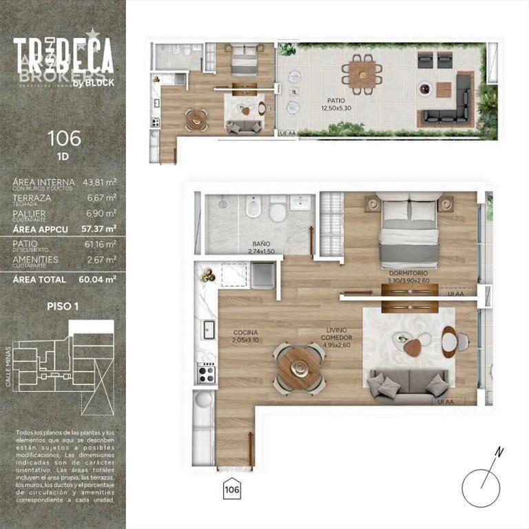 Apartamento de un dormitorio con patio en venta en Cordón S