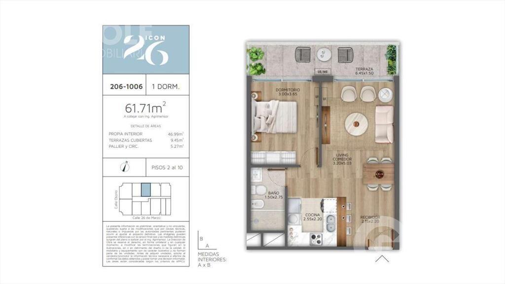 Venta apartamento 1 dormitorio con terraza en Pocitos