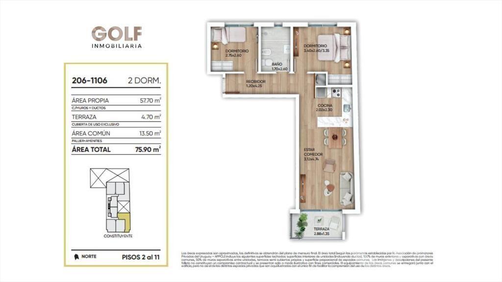 Venta apartamento de 2 Dormitorios con terraza en Cordón
