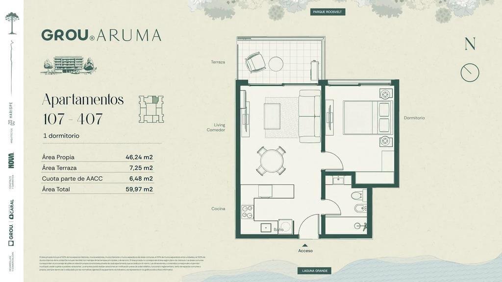 Venta de apartamento de 1 dormitorio en Grou Aruma, Parque M