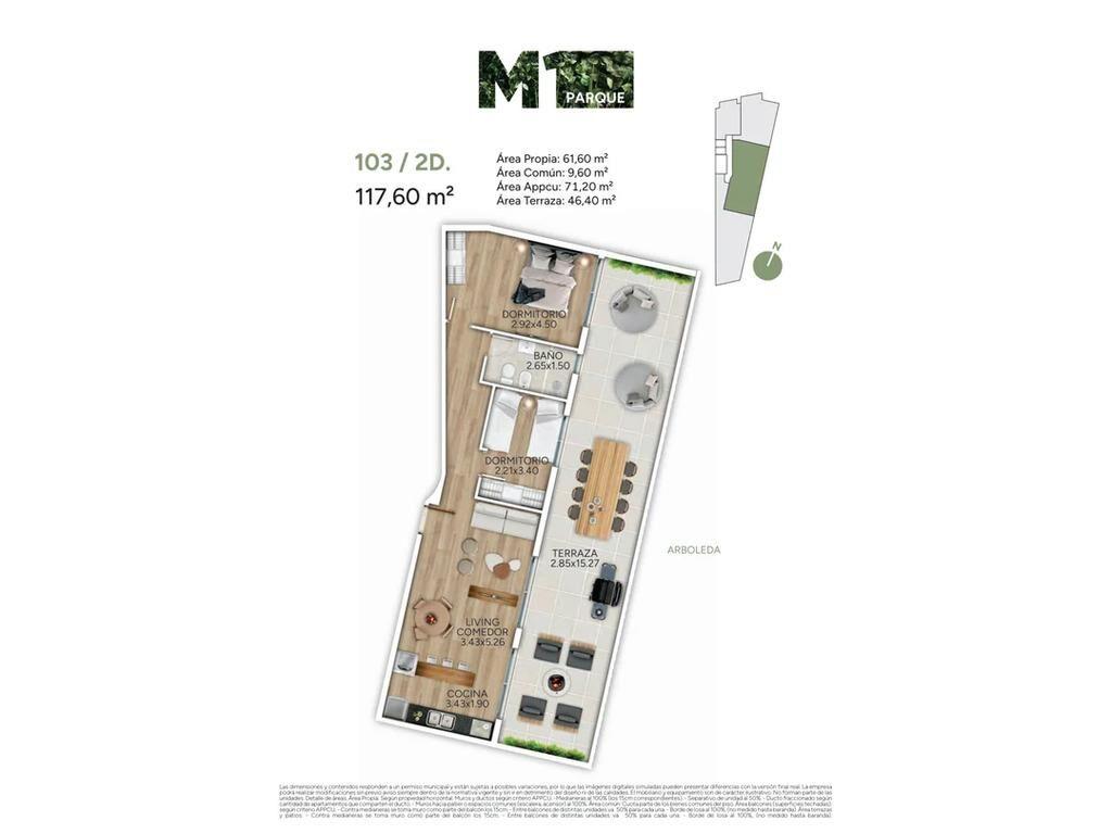 Venta de apartamento de 2 dormitorios en M1 Parque, la Blanq