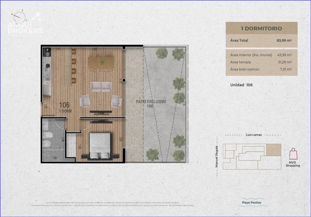Apartamento de un dormitorio con patio en venta en Pocitos