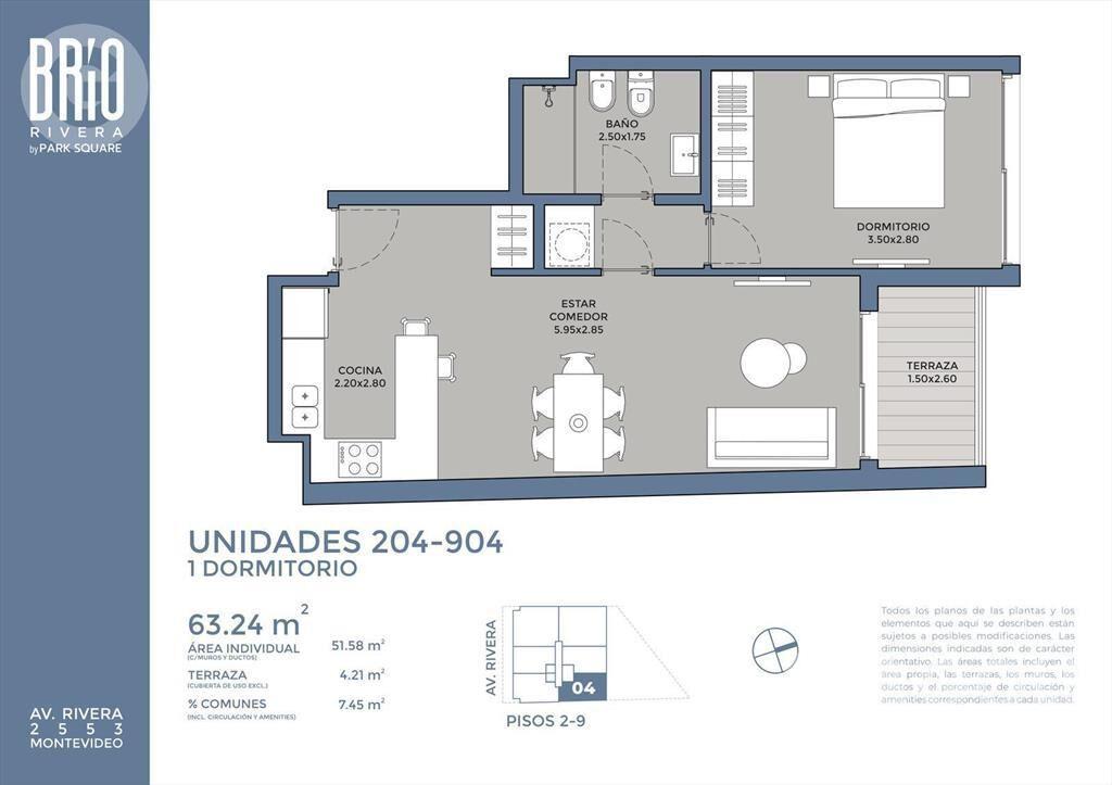 Venta de apartamento de 1 dormitorio con terraza en Pocitos