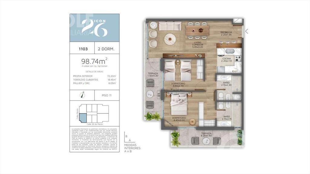 Venta apartamento de 2 dormitorios con terraza en Pocitos