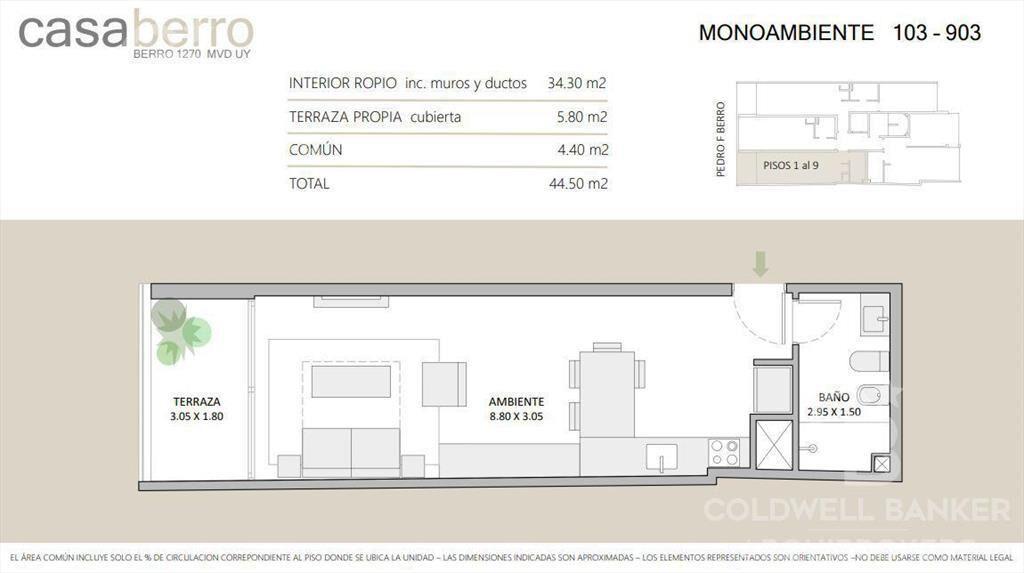 Apartamento monoambiente en alquiler en Pocitos