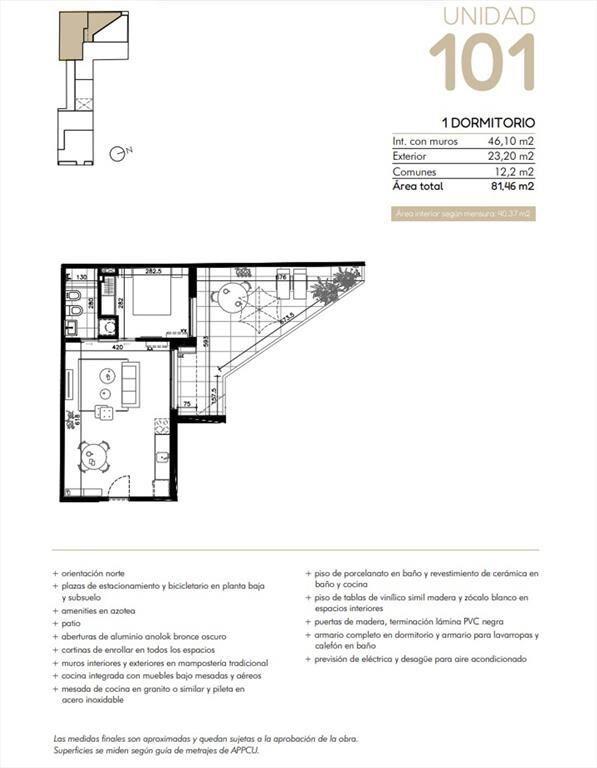 VENTA APARTAMENTO 1 DORMITORIO CON PATIO CORDÓN
