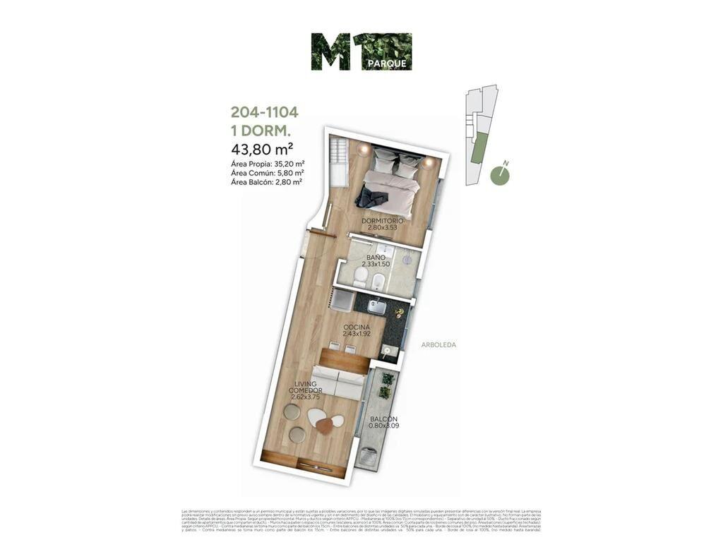 Venta de apartamento de 1 dormitorio en M1 Parque, la Blanqu