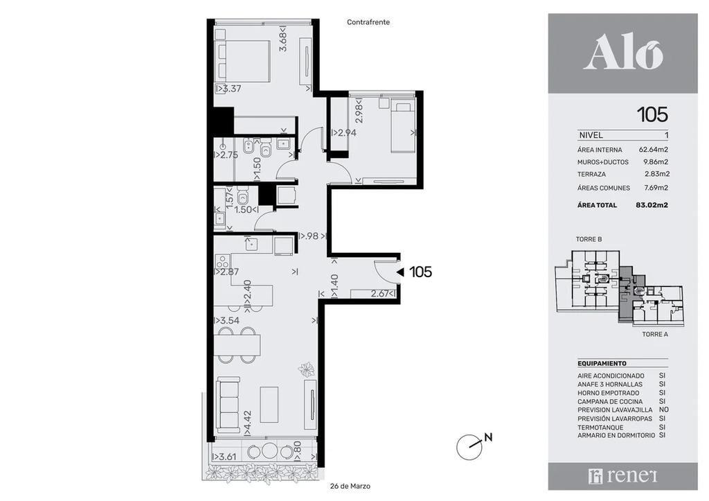 Venta de apartamento de 2 dormitorios en Aló 26, Pocitos