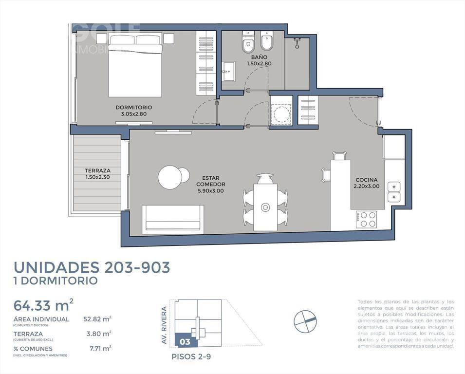 Venta de apartamento de 1 dormitorio con terraza en Pocitos