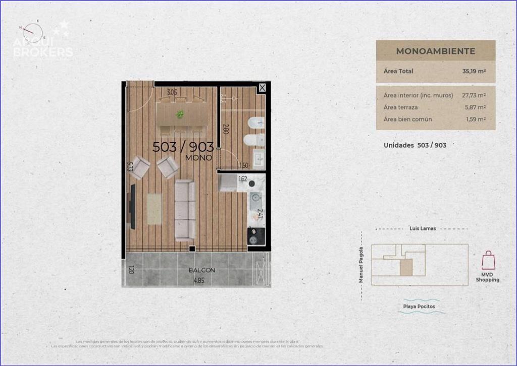 Apartamento monoambiente en venta en Pocitos - 603
