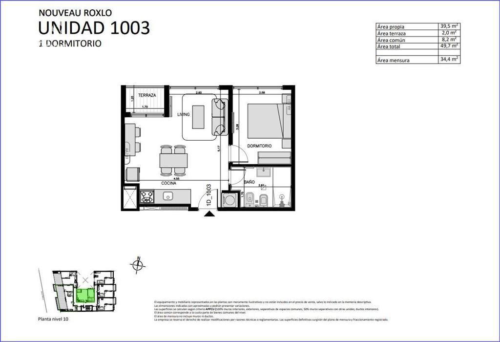 Apartamento de un dormitorio en venta en Cordón - 1003