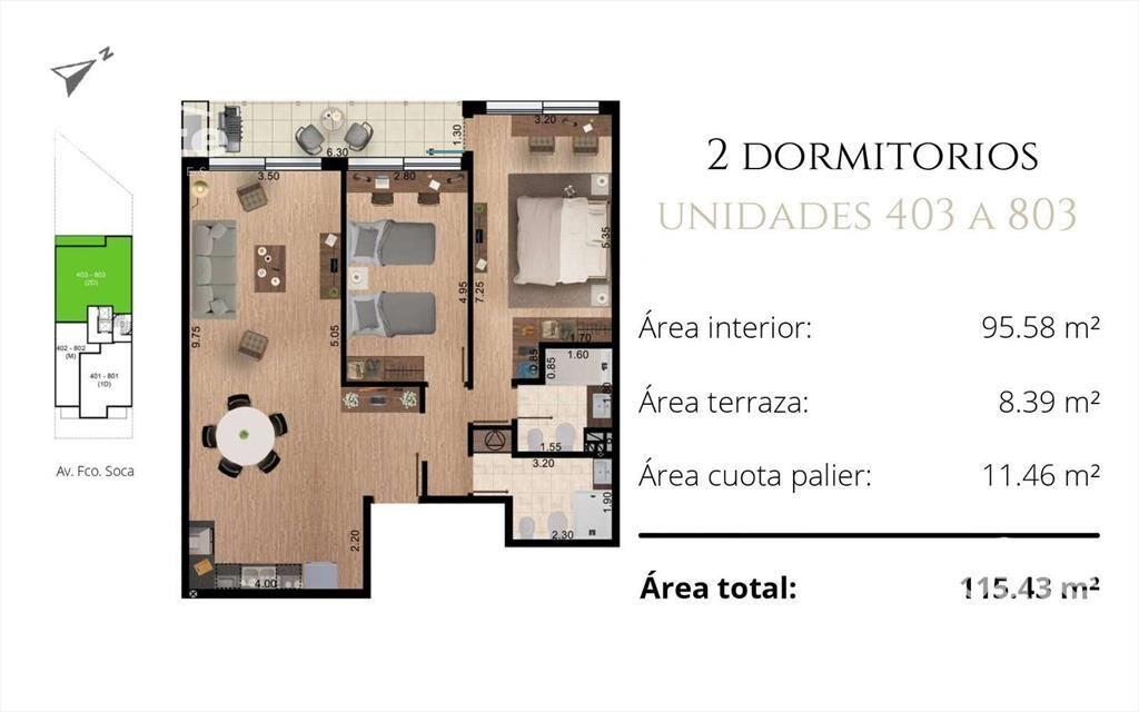 Venta apartamento 2 Dormitorios en Pocitos de grandes dimen