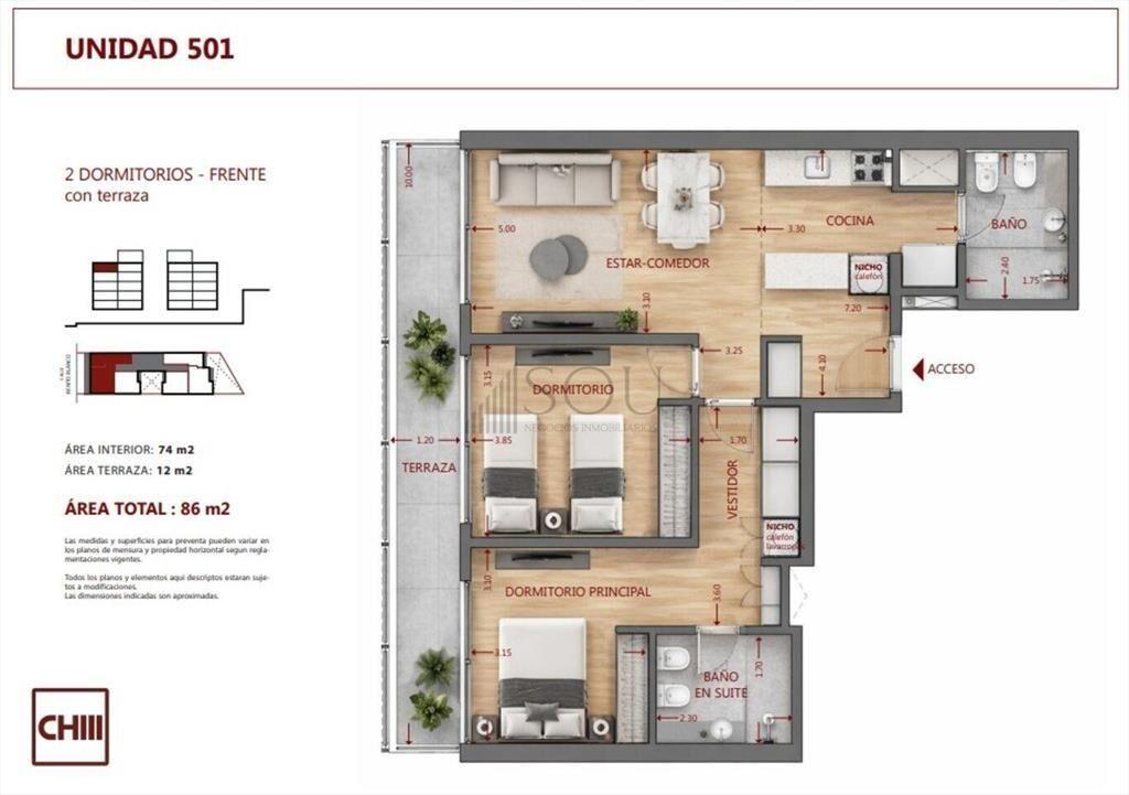 Venta Apartamento 2 dormitorios con terraza en Pocitos